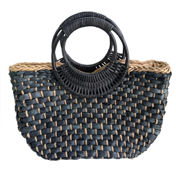 Free People Handbags - Free People Black and Natural Woven Straw Tote with Round Handles
